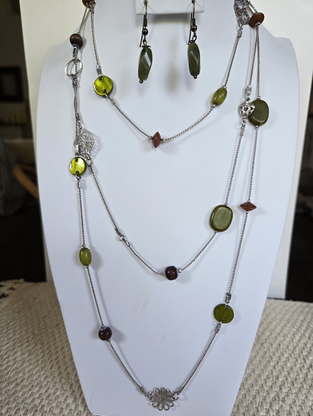 N-114-Multi-Strand Olive Green and Brown Bead Necklace And Earrings